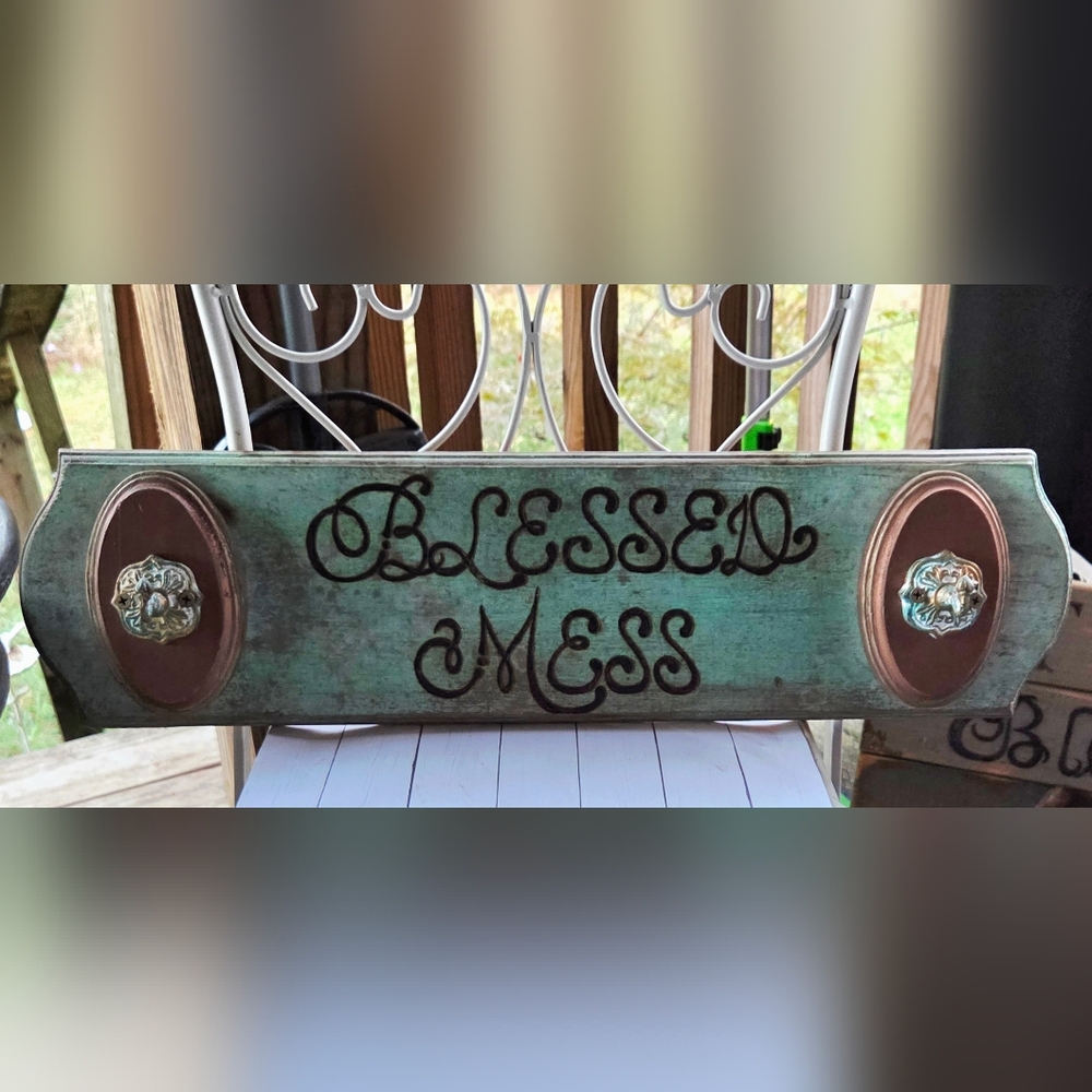 Handmade Rustic Turquoise 'Blessed Mess' Wall Sign With 2 Hooks